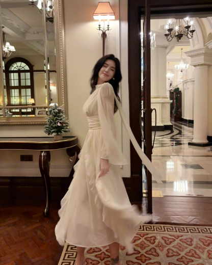 French Elegant Off-white Long Sleeve Dress ED01170