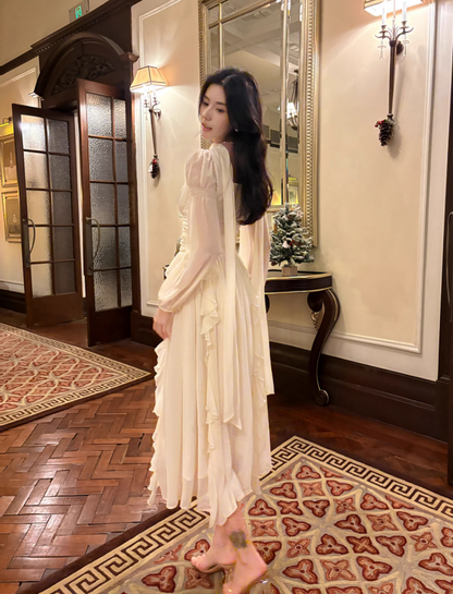 French Elegant Off-white Long Sleeve Dress ED01170