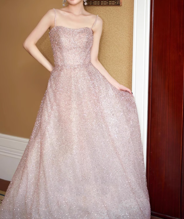 Pink A-line tulle beaded long prom dress, pink formal long dress ED01173