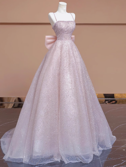 Pink A-line tulle beaded long prom dress, pink formal long dress ED01173