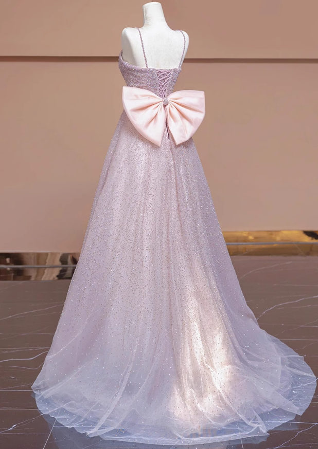 Pink A-line tulle beaded long prom dress, pink formal long dress ED01173