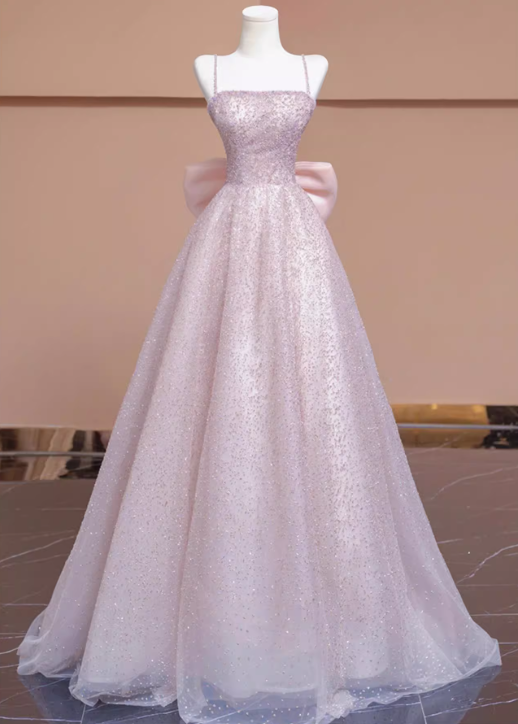 Pink A-line tulle beaded long prom dress, pink formal long dress ED01173