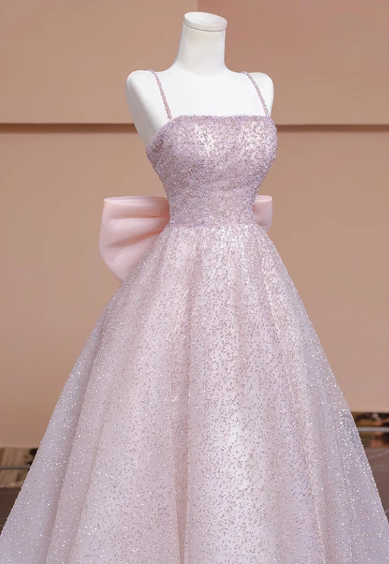Pink A-line tulle beaded long prom dress, pink formal long dress ED01173