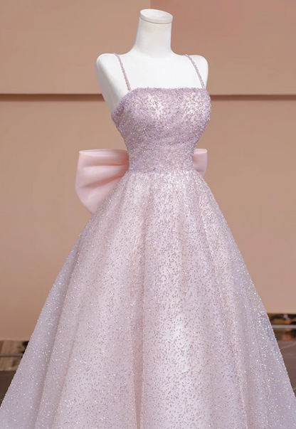 Pink A-line tulle beaded long prom dress, pink formal long dress ED01173