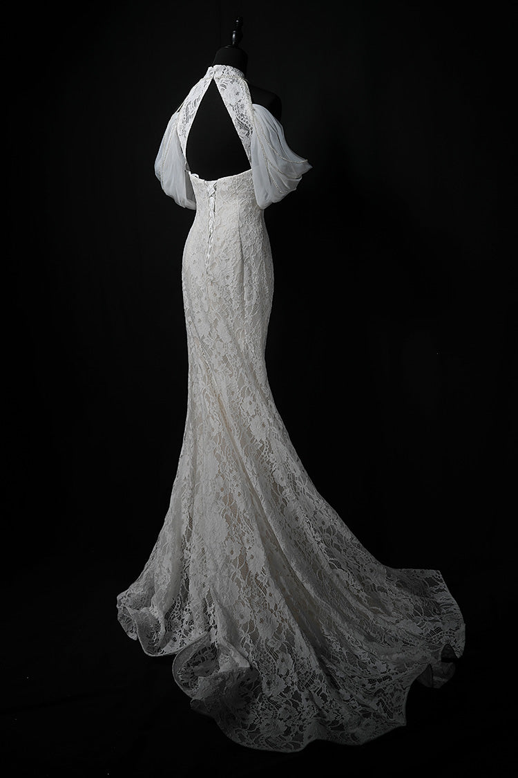 White mermaid lace long prom dress, white wedding dress ED01175