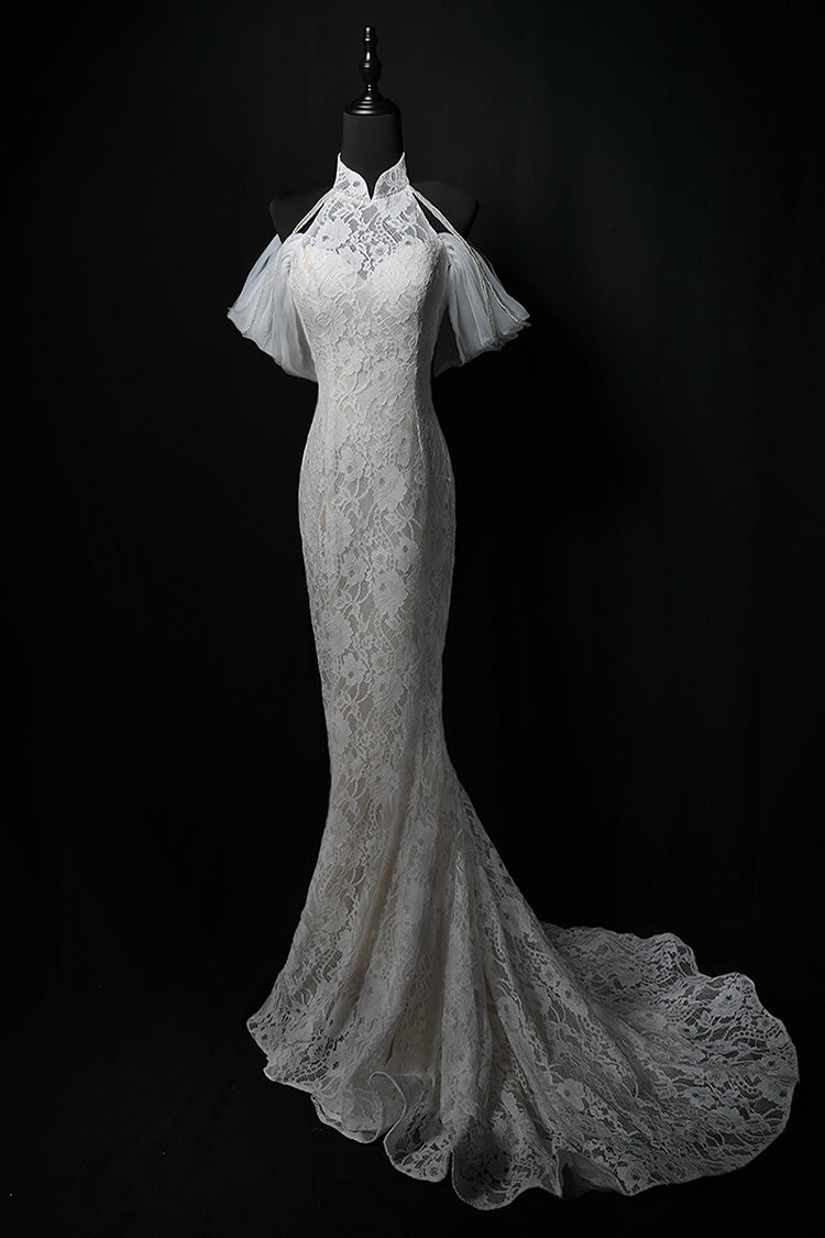 White mermaid lace long prom dress, white wedding dress ED01175