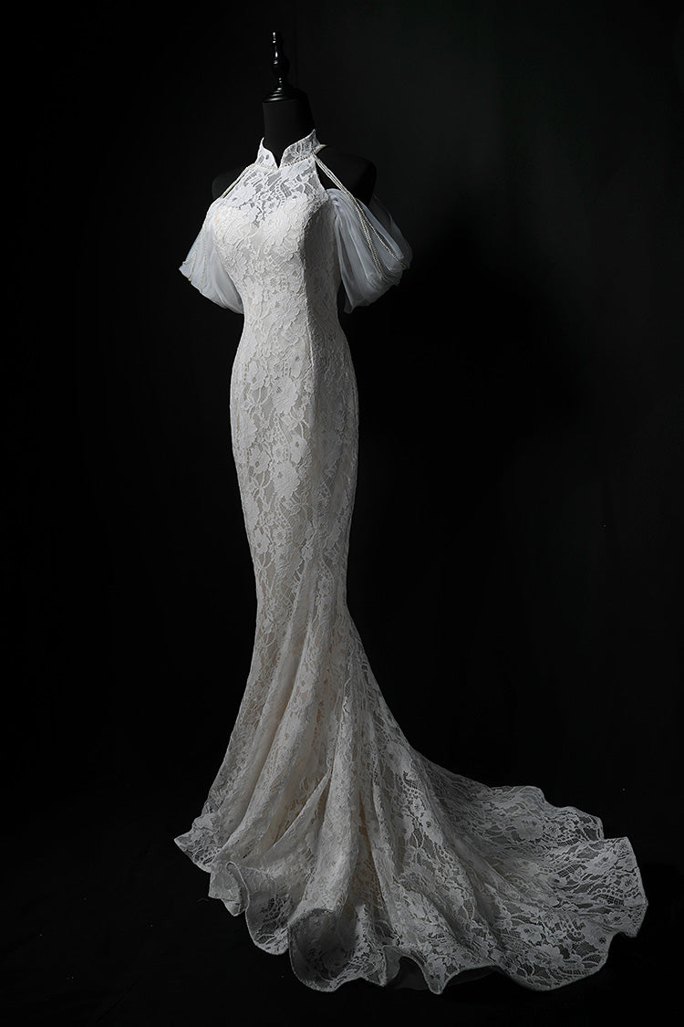 White mermaid lace long prom dress, white wedding dress ED01175