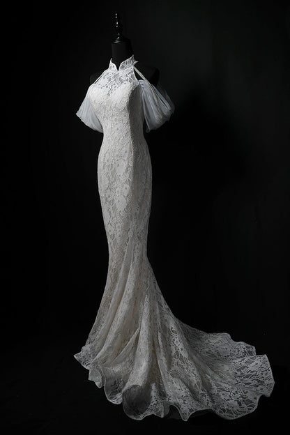 White mermaid lace long prom dress, white wedding dress ED01175