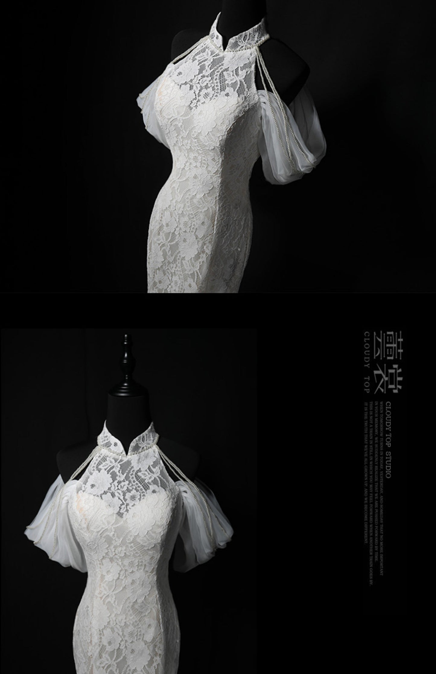 White mermaid lace long prom dress, white wedding dress ED01175