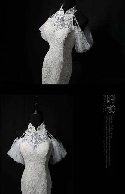 White mermaid lace long prom dress, white wedding dress ED01175