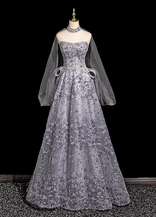 Grey A-line Sweetheart Neck Tulle Rhinestone Long Prom Dress, Grey Formal Long Dress ED01176