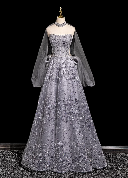 Grey A-line Sweetheart Neck Tulle Rhinestone Long Prom Dress, Grey Formal Long Dress ED01176