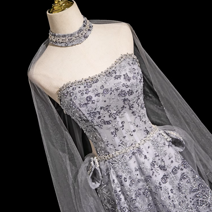 Grey A-line Sweetheart Neck Tulle Rhinestone Long Prom Dress, Grey Formal Long Dress ED01176