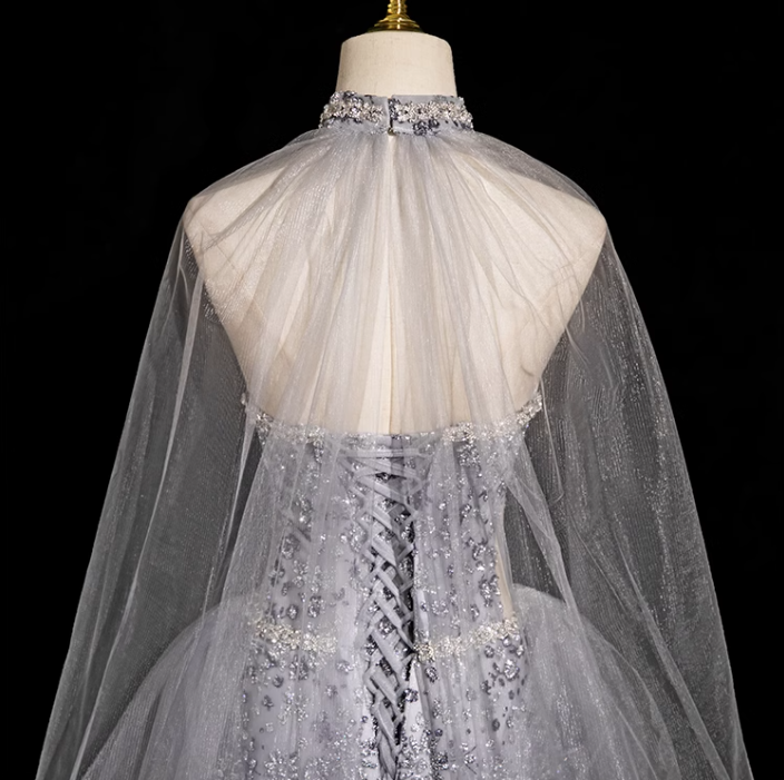 Grey A-line Sweetheart Neck Tulle Rhinestone Long Prom Dress, Grey Formal Long Dress ED01176