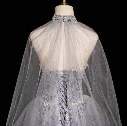 Grey A-line Sweetheart Neck Tulle Rhinestone Long Prom Dress, Grey Formal Long Dress ED01176