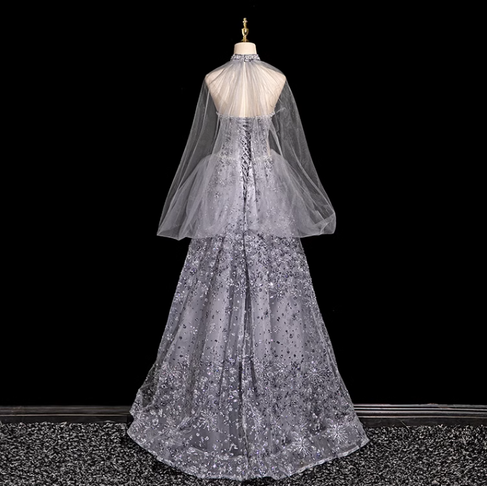 Grey A-line Sweetheart Neck Tulle Rhinestone Long Prom Dress, Grey Formal Long Dress ED01176