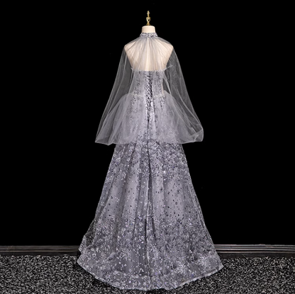 Grey A-line Sweetheart Neck Tulle Rhinestone Long Prom Dress, Grey Formal Long Dress ED01176