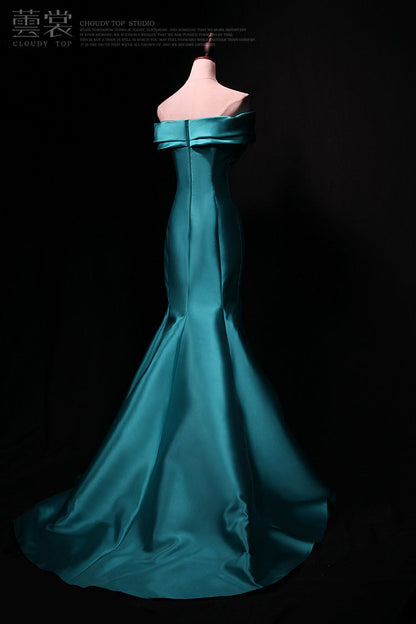 Blue mermaid off-shoulder satin long prom dress,blue formal long dress ED01177