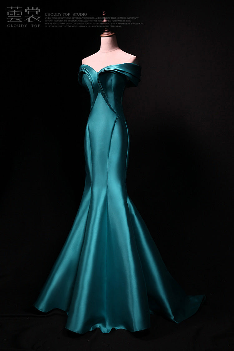 Blue mermaid off-shoulder satin long prom dress,blue formal long dress ED01177