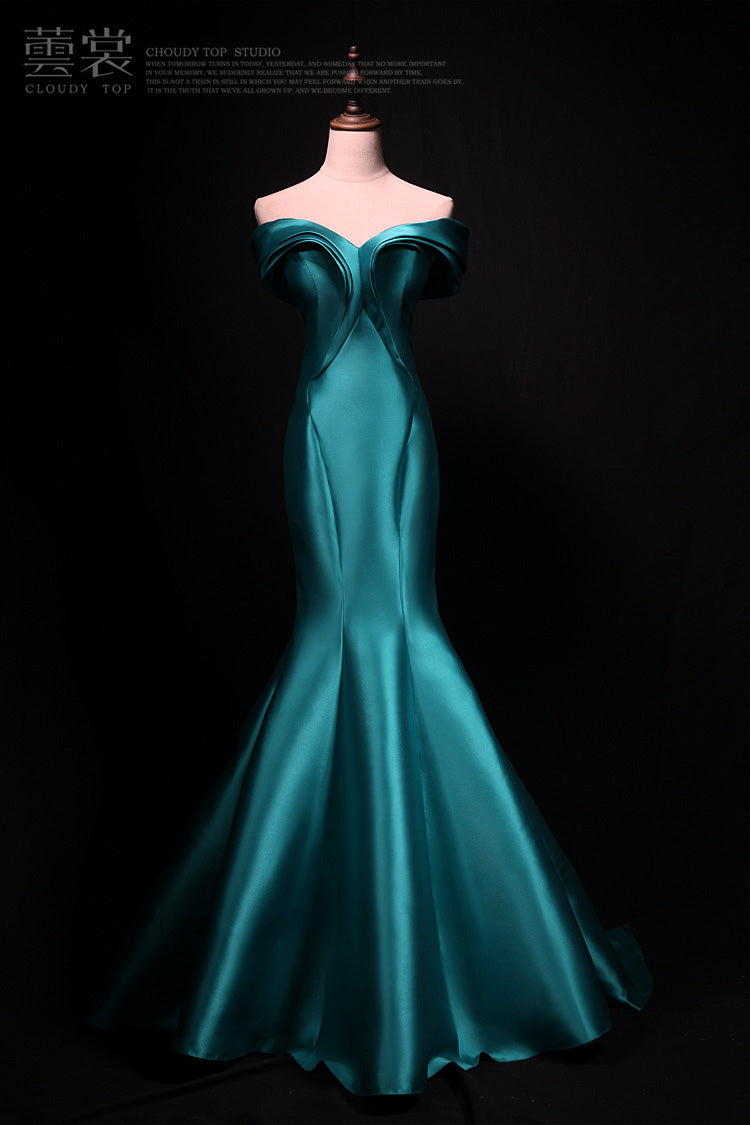 Blue mermaid off-shoulder satin long prom dress,blue formal long dress ED01177