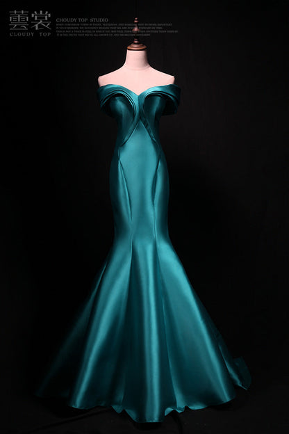 Blue mermaid off-shoulder satin long prom dress,blue formal long dress ED01177