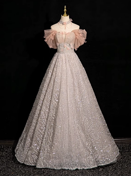 A-line V-neck tulle sequin long prom dress, formal long dress ED01178