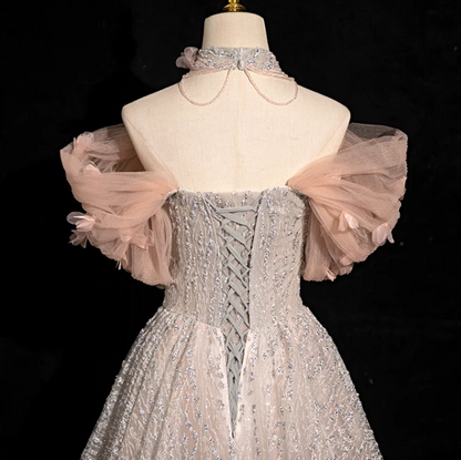 A-line V-neck tulle sequin long prom dress, formal long dress ED01178