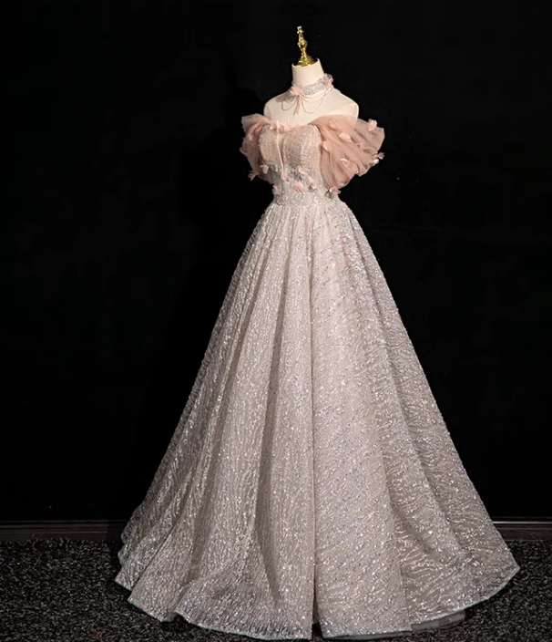 A-line V-neck tulle sequin long prom dress, formal long dress ED01178