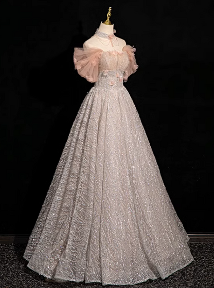 A-line V-neck tulle sequin long prom dress, formal long dress ED01178