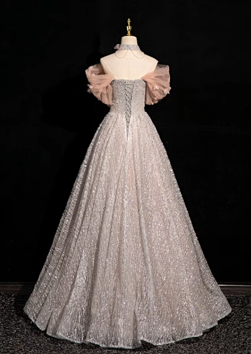 A-line V-neck tulle sequin long prom dress, formal long dress ED01178