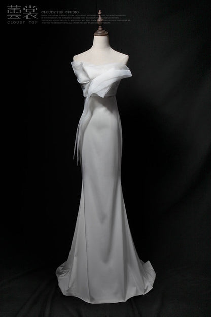White Strapless Mermaid Tulle Satin Long Prom Dress, White Formal Dress ED01179