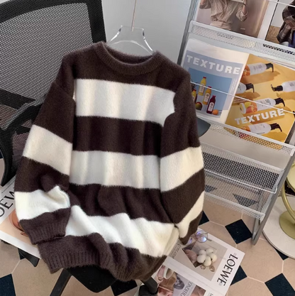 New loose lazy style mink black and white striped mid-length sweater ED0117