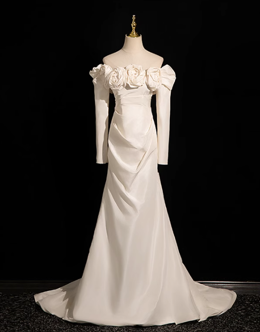 Beige Mermaid Off Shoulder Long Satin Prom Dress, Beige Formal Dress ED01180