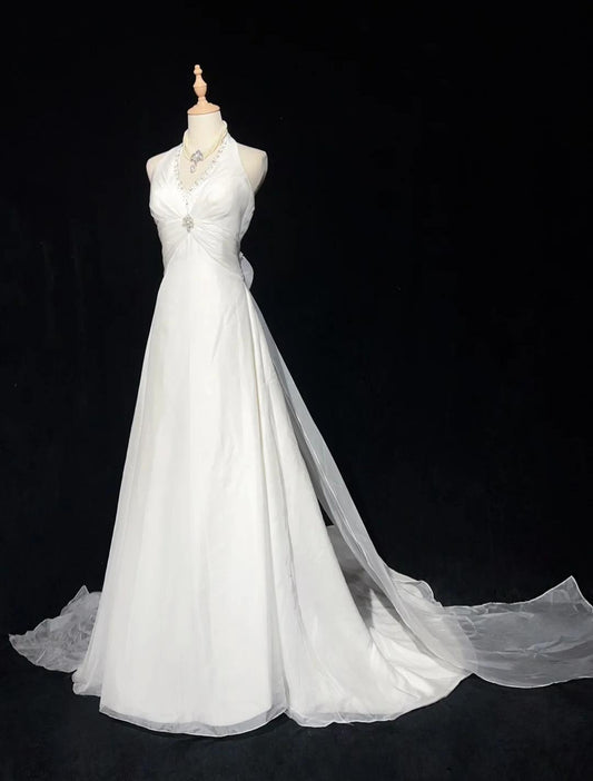 White Mermaid Halter Satin Beading Long Prom Dresses, White Wedding Dresses ED01182