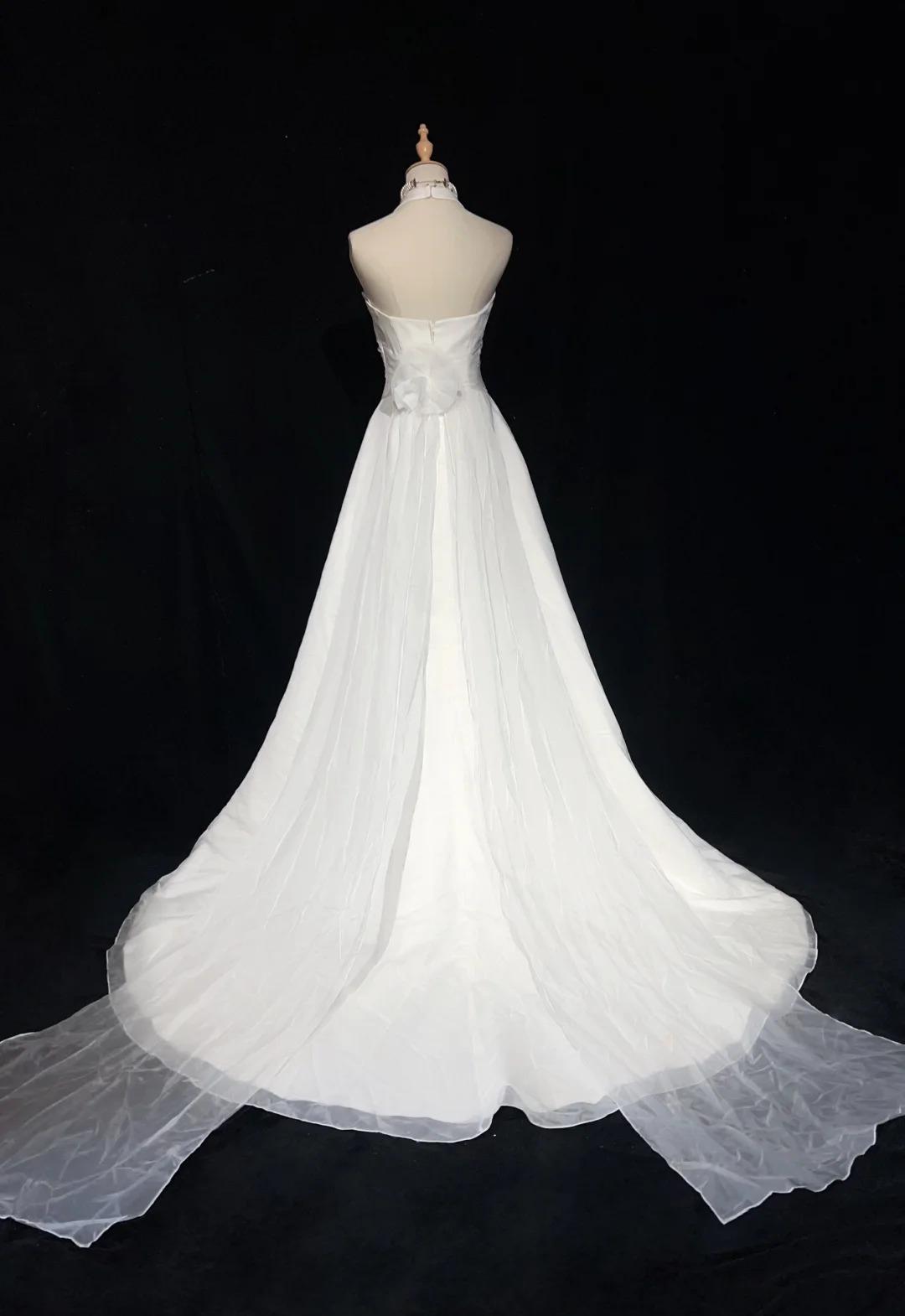 White Mermaid Halter Satin Beading Long Prom Dresses, White Wedding Dresses ED01182
