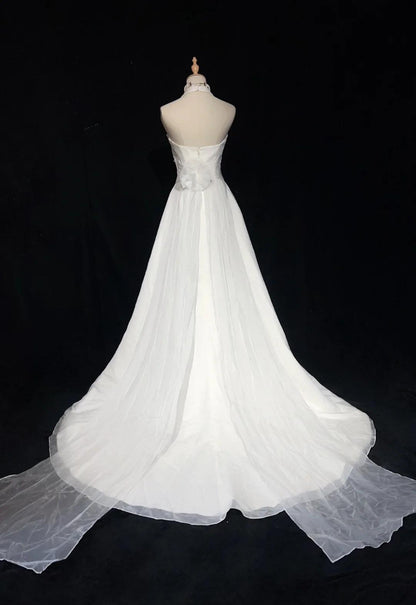 White Mermaid Halter Satin Beading Long Prom Dresses, White Wedding Dresses ED01182