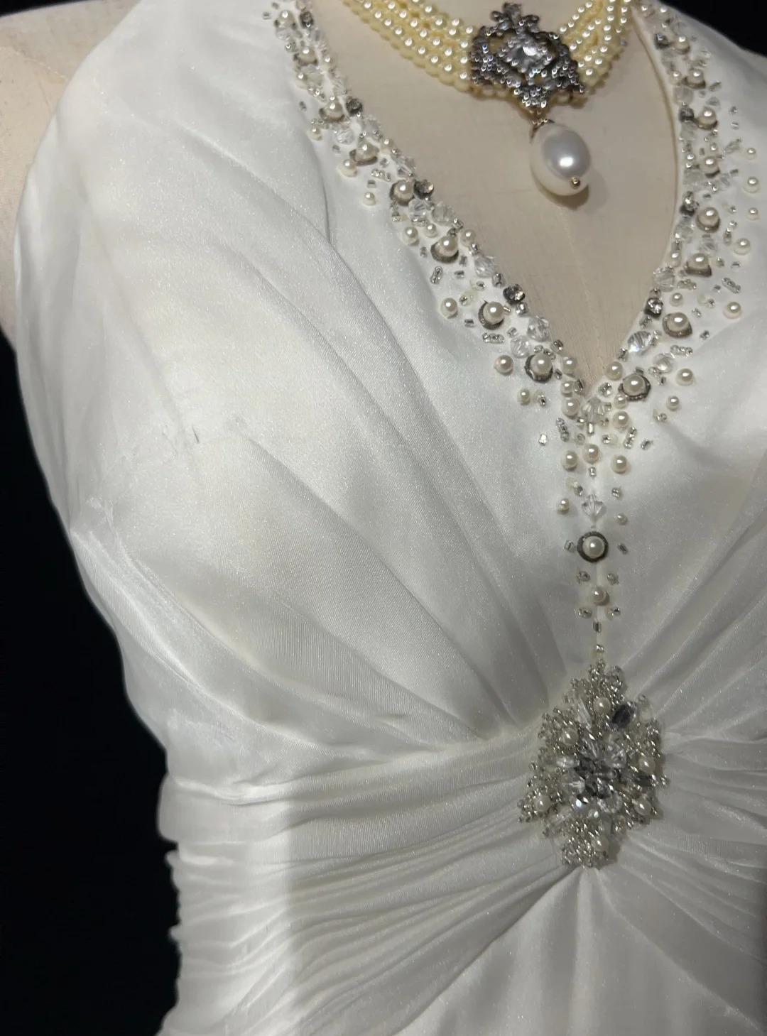 White Mermaid Halter Satin Beading Long Prom Dresses, White Wedding Dresses ED01182