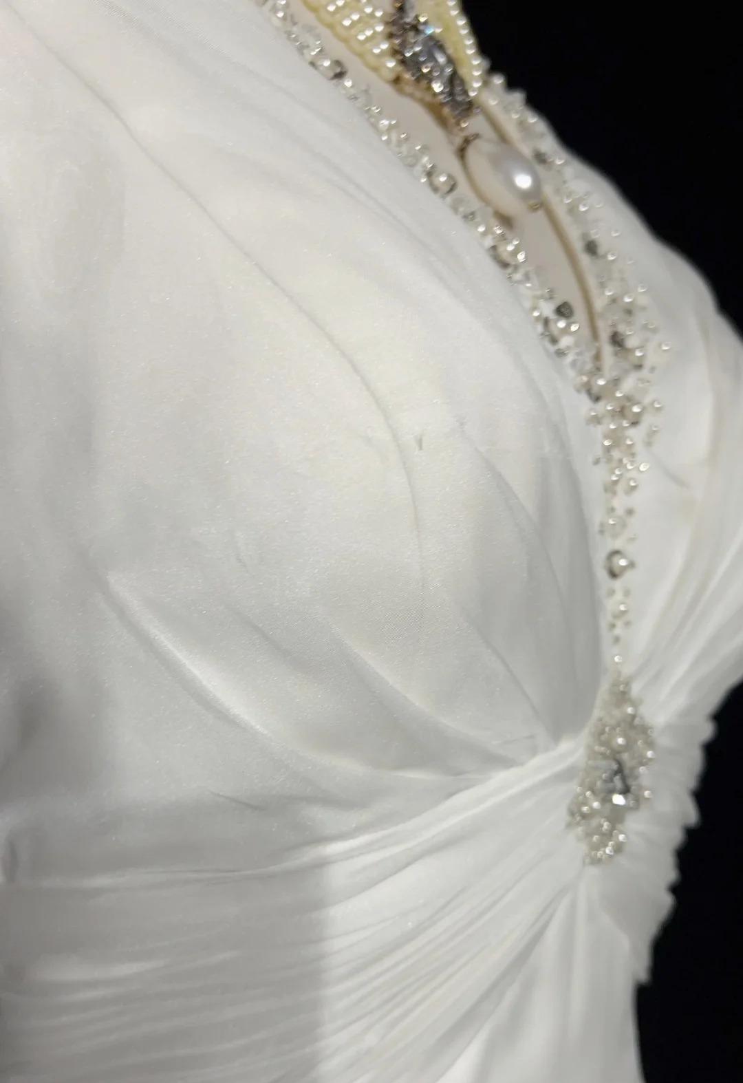 White Mermaid Halter Satin Beading Long Prom Dresses, White Wedding Dresses ED01182