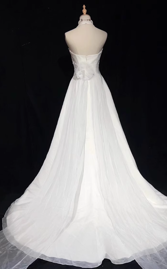 White Mermaid Halter Satin Beading Long Prom Dresses, White Wedding Dresses ED01182