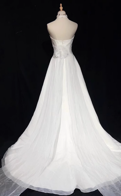 White Mermaid Halter Satin Beading Long Prom Dresses, White Wedding Dresses ED01182