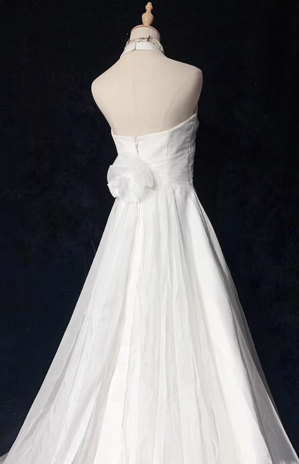 White Mermaid Halter Satin Beading Long Prom Dresses, White Wedding Dresses ED01182