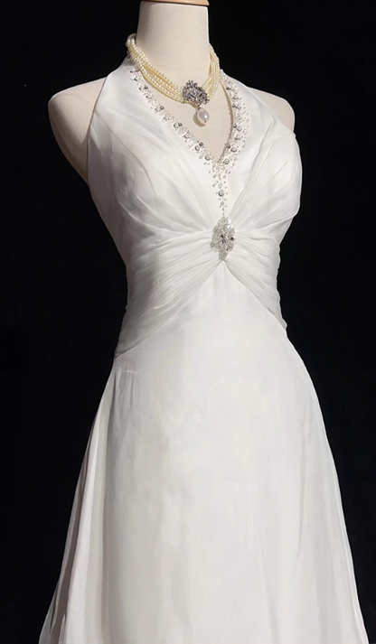 White Mermaid Halter Satin Beading Long Prom Dresses, White Wedding Dresses ED01182