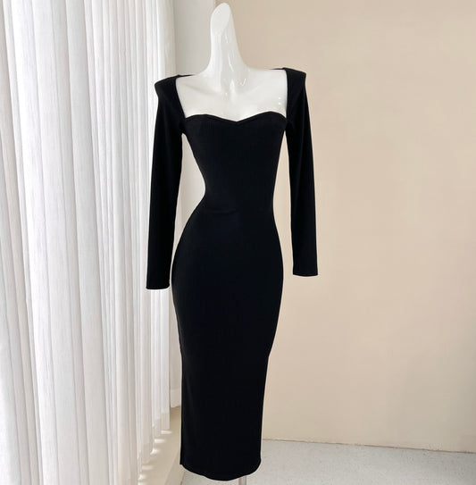 Elegant black long sleeve dress, birthday dress ED01184