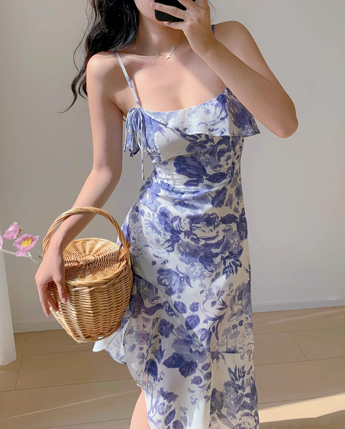 French retro ruffle hem purple floral suspender dress ED01189