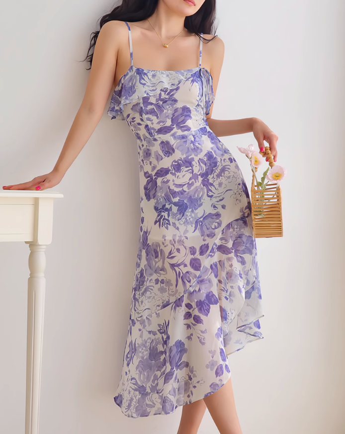 French retro ruffle hem purple floral suspender dress ED01189