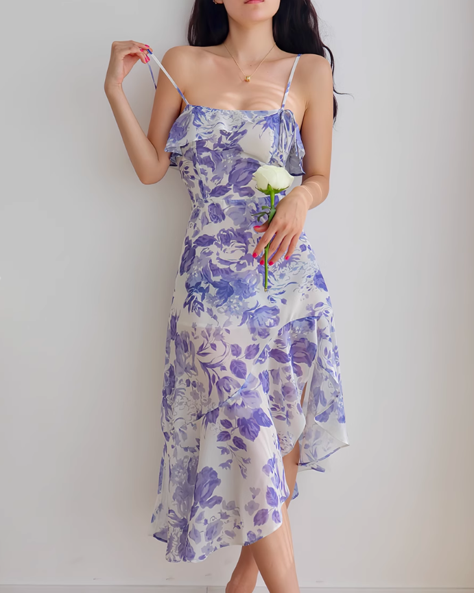 French retro ruffle hem purple floral suspender dress ED01189