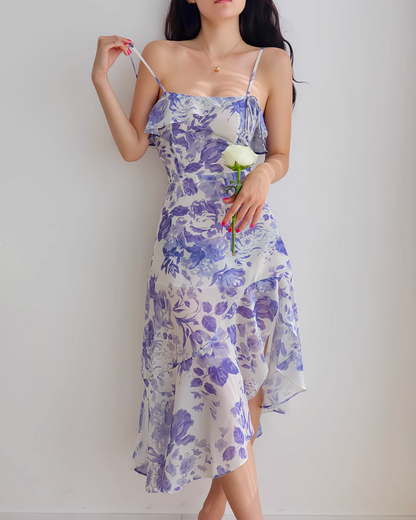 French retro ruffle hem purple floral suspender dress ED01189