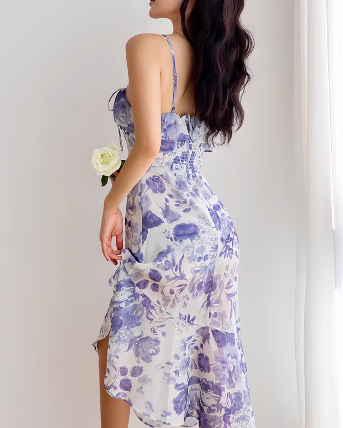 French retro ruffle hem purple floral suspender dress ED01189