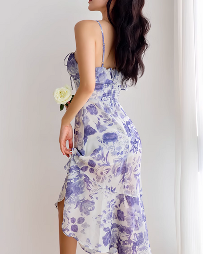 French retro ruffle hem purple floral suspender dress ED01189