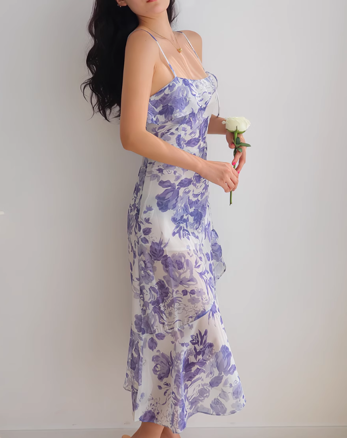 French retro ruffle hem purple floral suspender dress ED01189